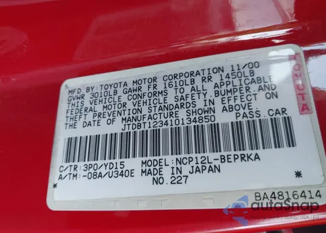 2001 Toyota Echo z USA, uszkodzony, nr VIN JTDBT123410134850